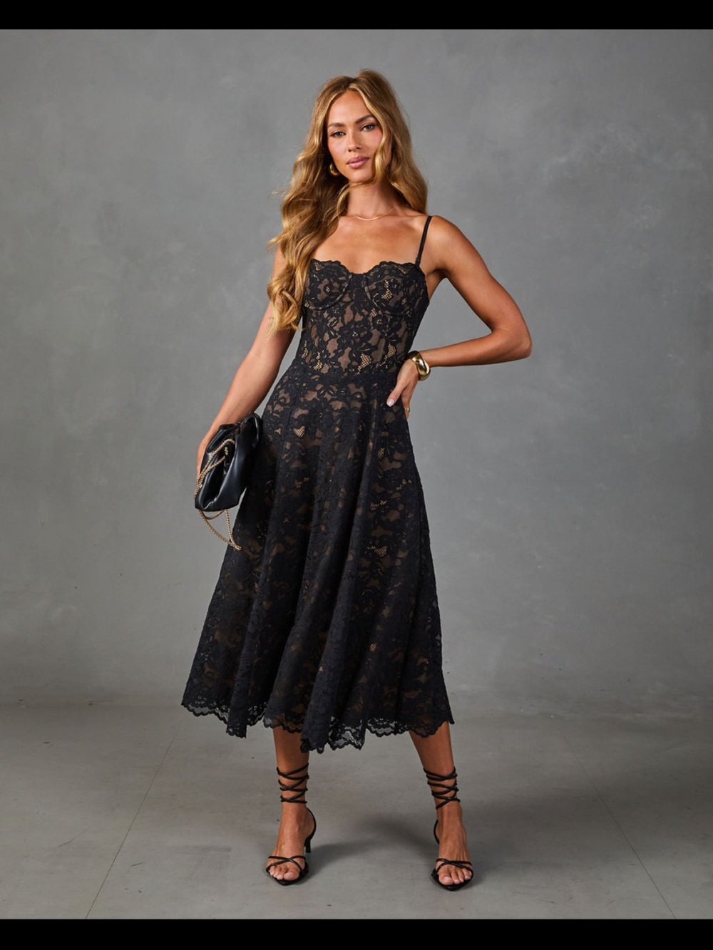 Vici Black Lace Midi Dress with Spaghetti Straps